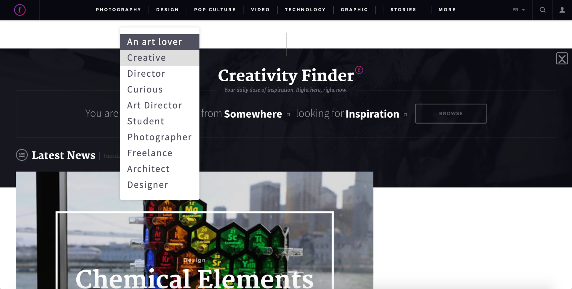 Fubiz's "creativity finder" customization tool