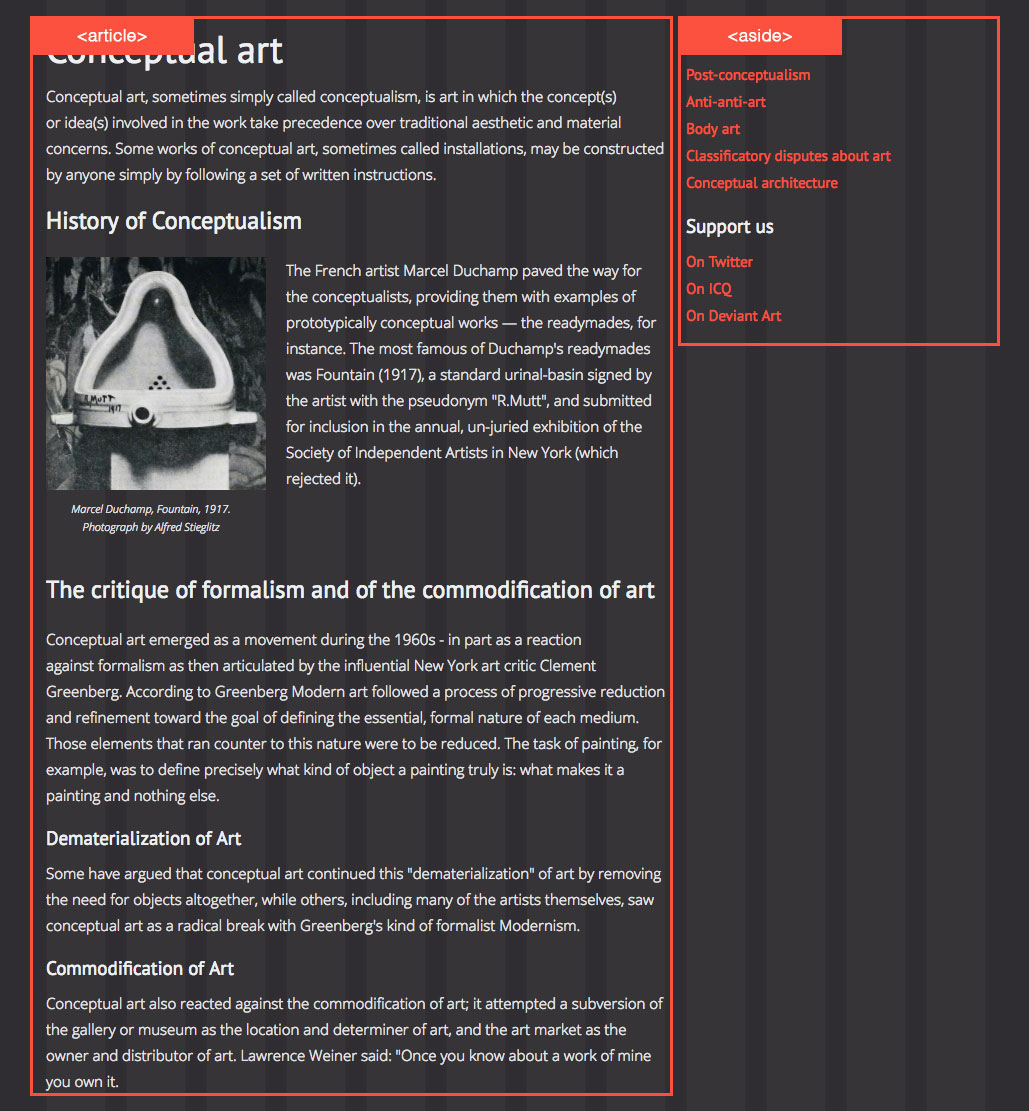 A content page with <article> and <aside> elements