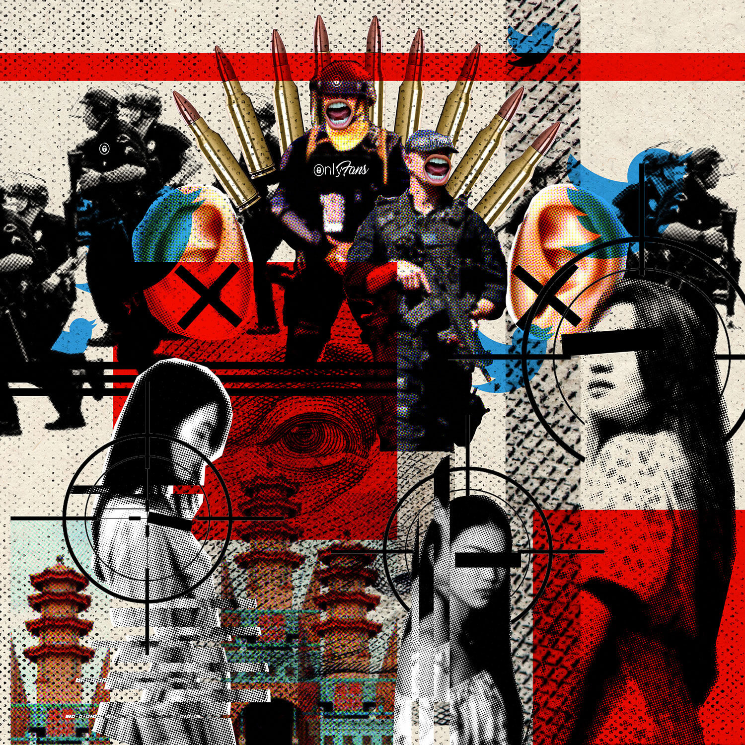 An editorial-styled collage featuring imagery of police and Asian women