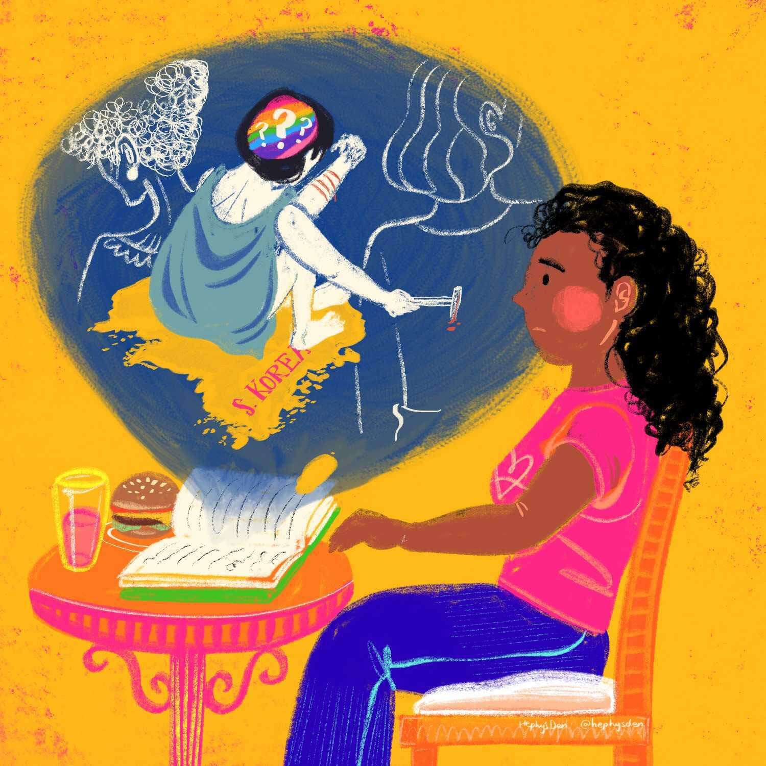 An illustration of a Black woman reading a book; from the book emerges a Korean woman with ghosts representing her mother, grandmother, and country.