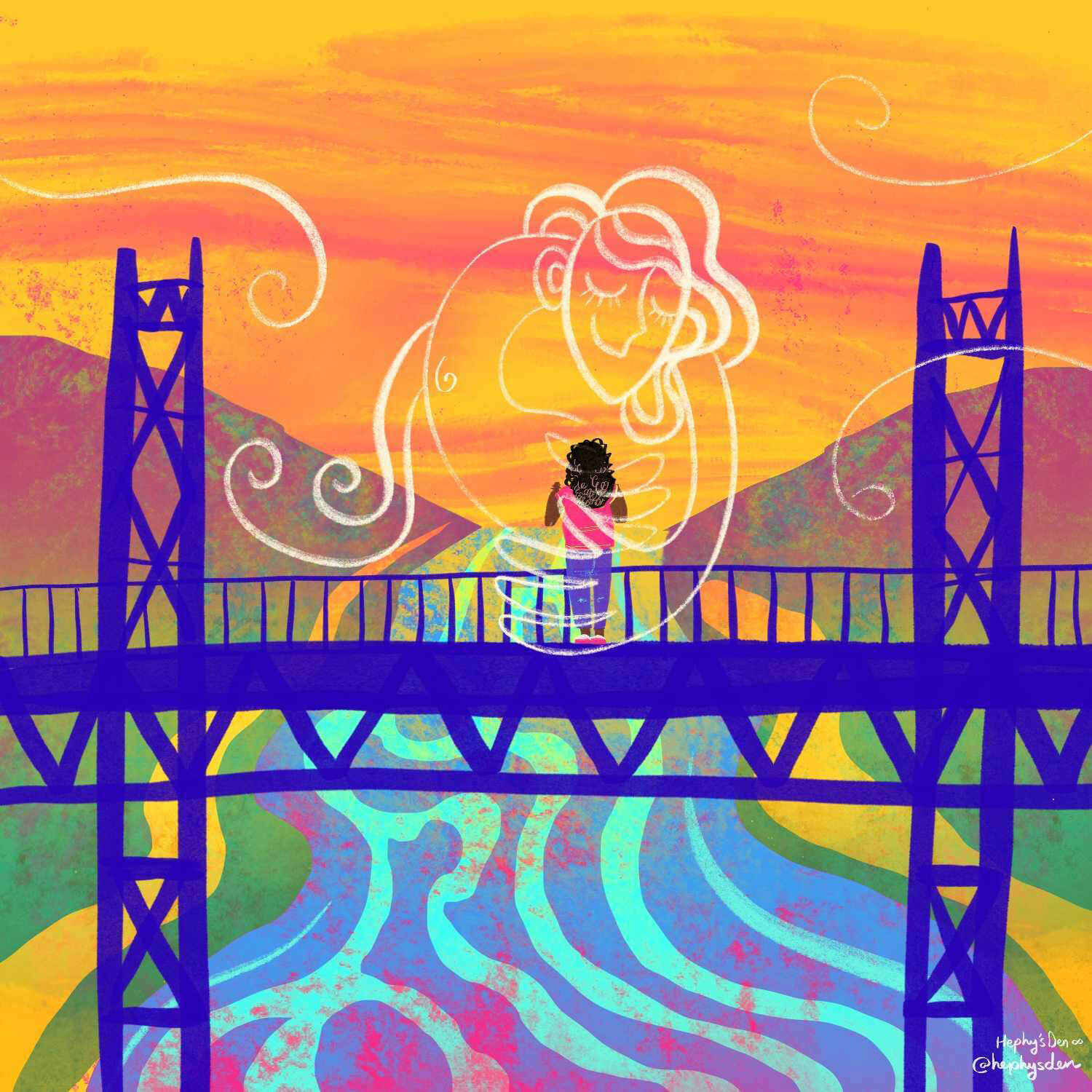 An illustration of a Black woman on a bridge, hugging the outline of another person.