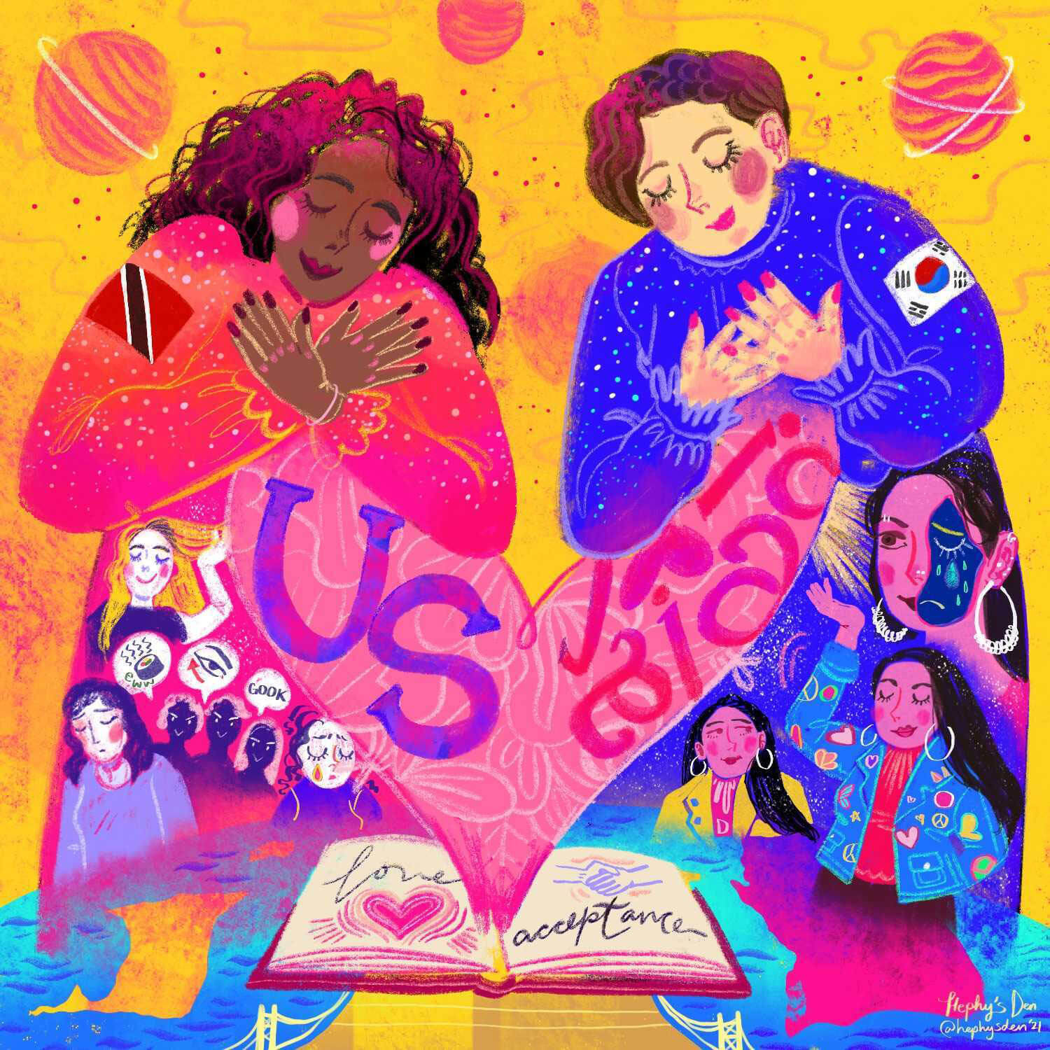 An image of two women connecting over an open book of poetry with words like love and acceptance
