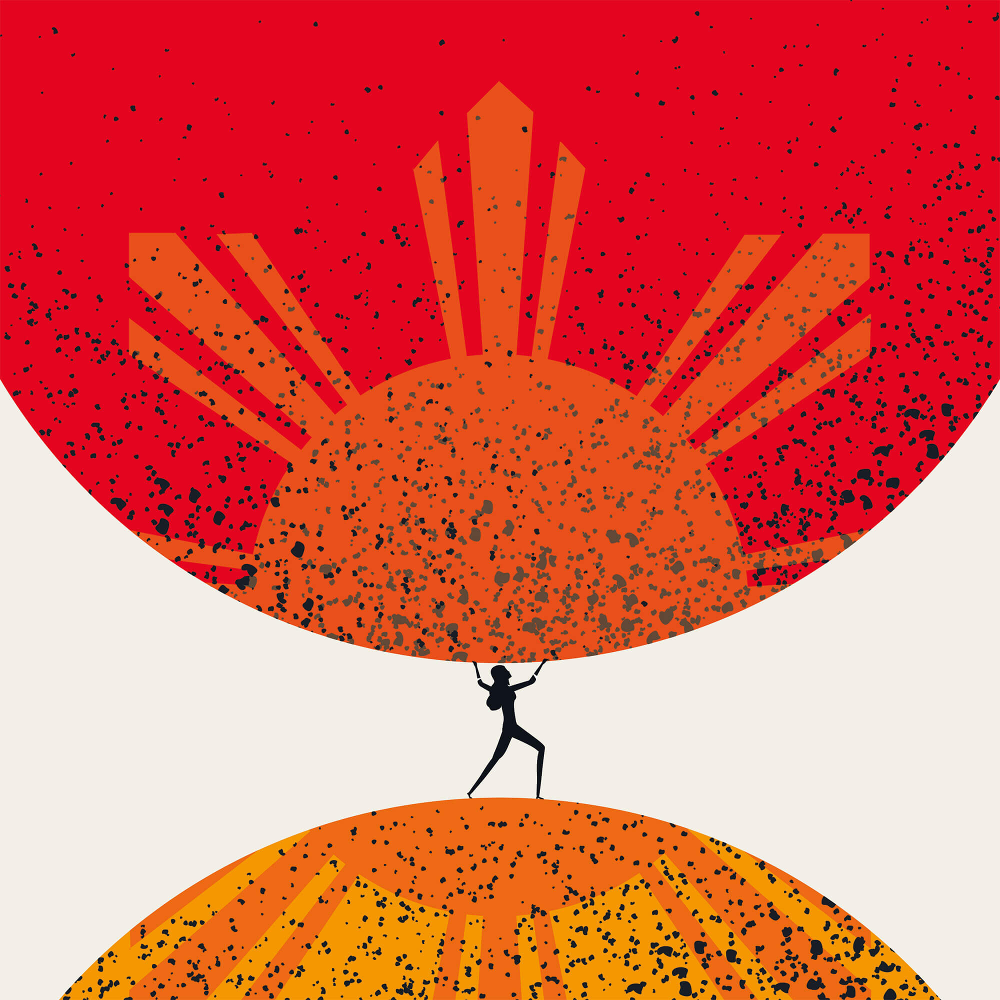 An illustration of a woman standing and holding up a giant circle; the illustration features two large circles colored to mimic the Mastercard logo.