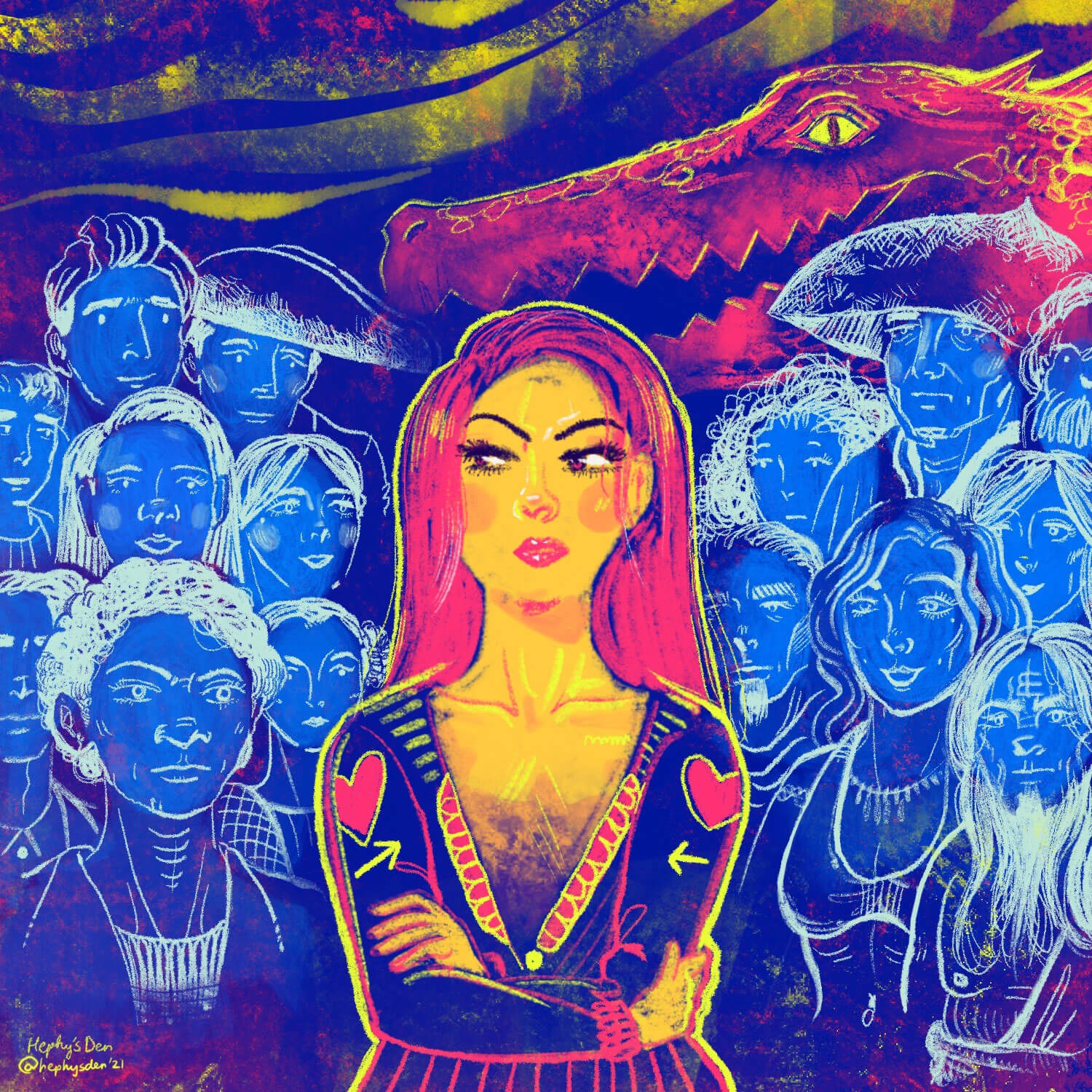 An illustration of a woman standing in the foreground; behind her, the ghost figures of various family and ancestors