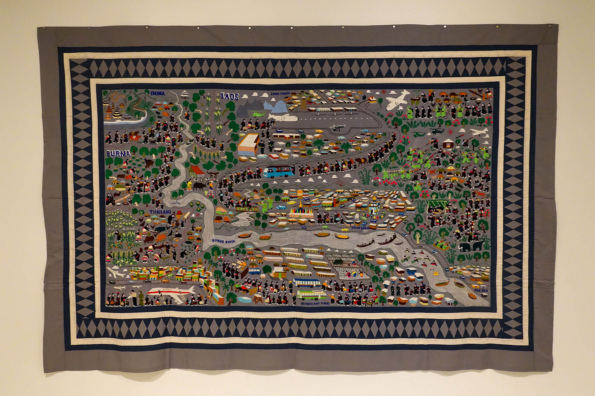 Refugee story quilt, circa 1989 by Hmong people of Laos