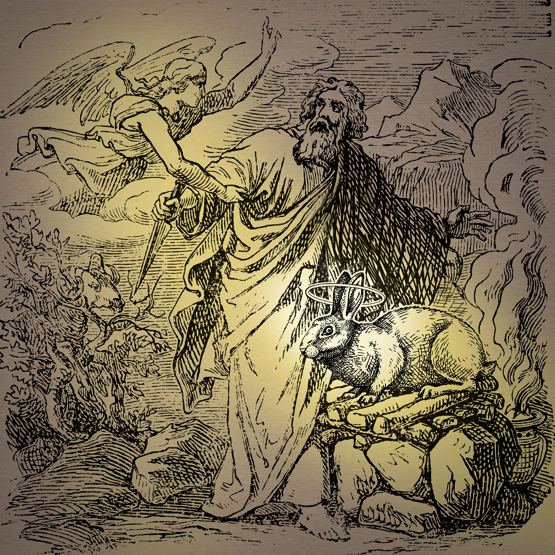 Modified illustration of the story of Abraham sacrificing Isaac; but in Isaac's place is the rabbit.