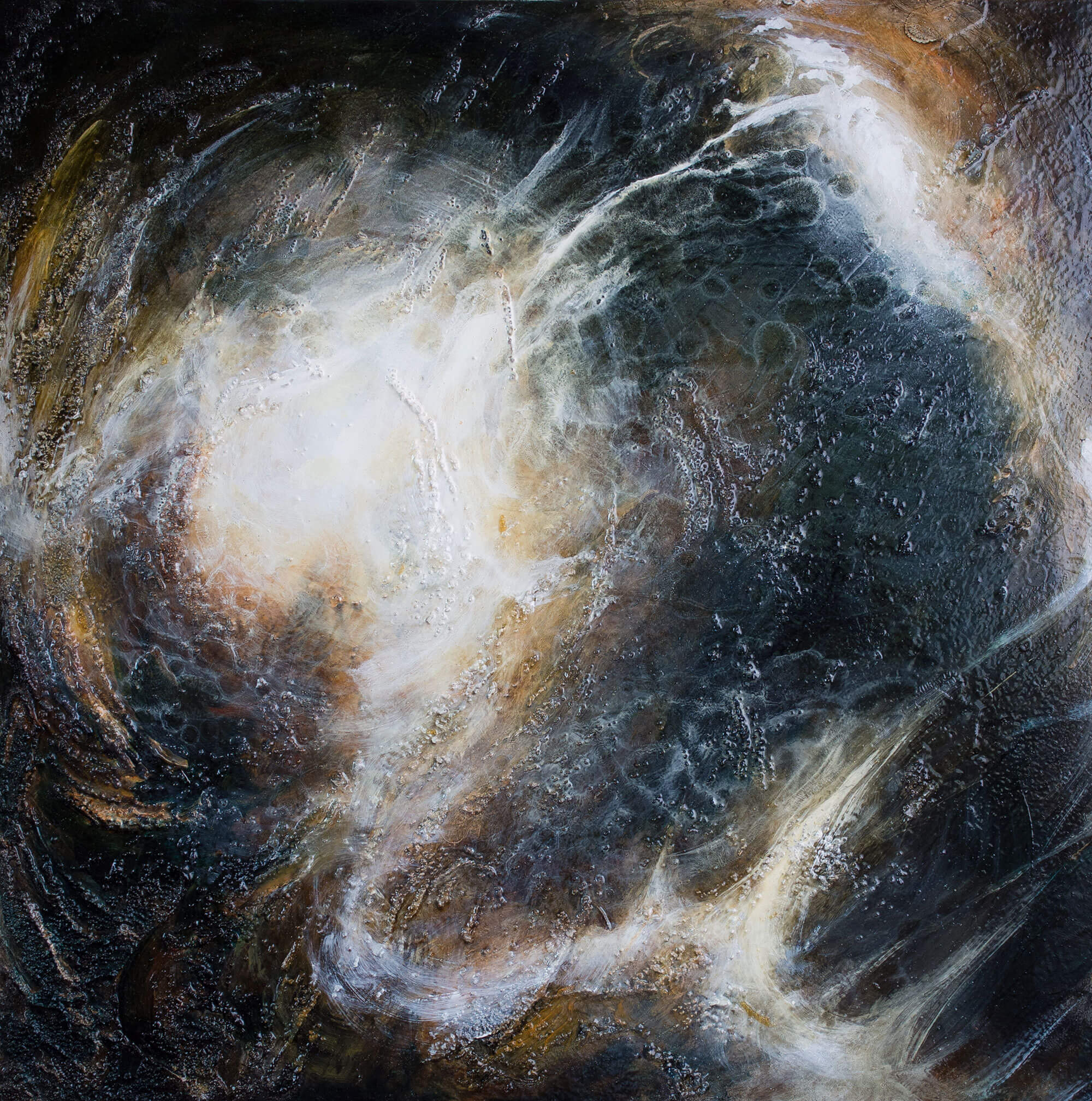 A painting featuring swirls of black, brown, and white paint. The white paint cannot be contained in the center and breaks into other parts of the canvas, leaving streaks.