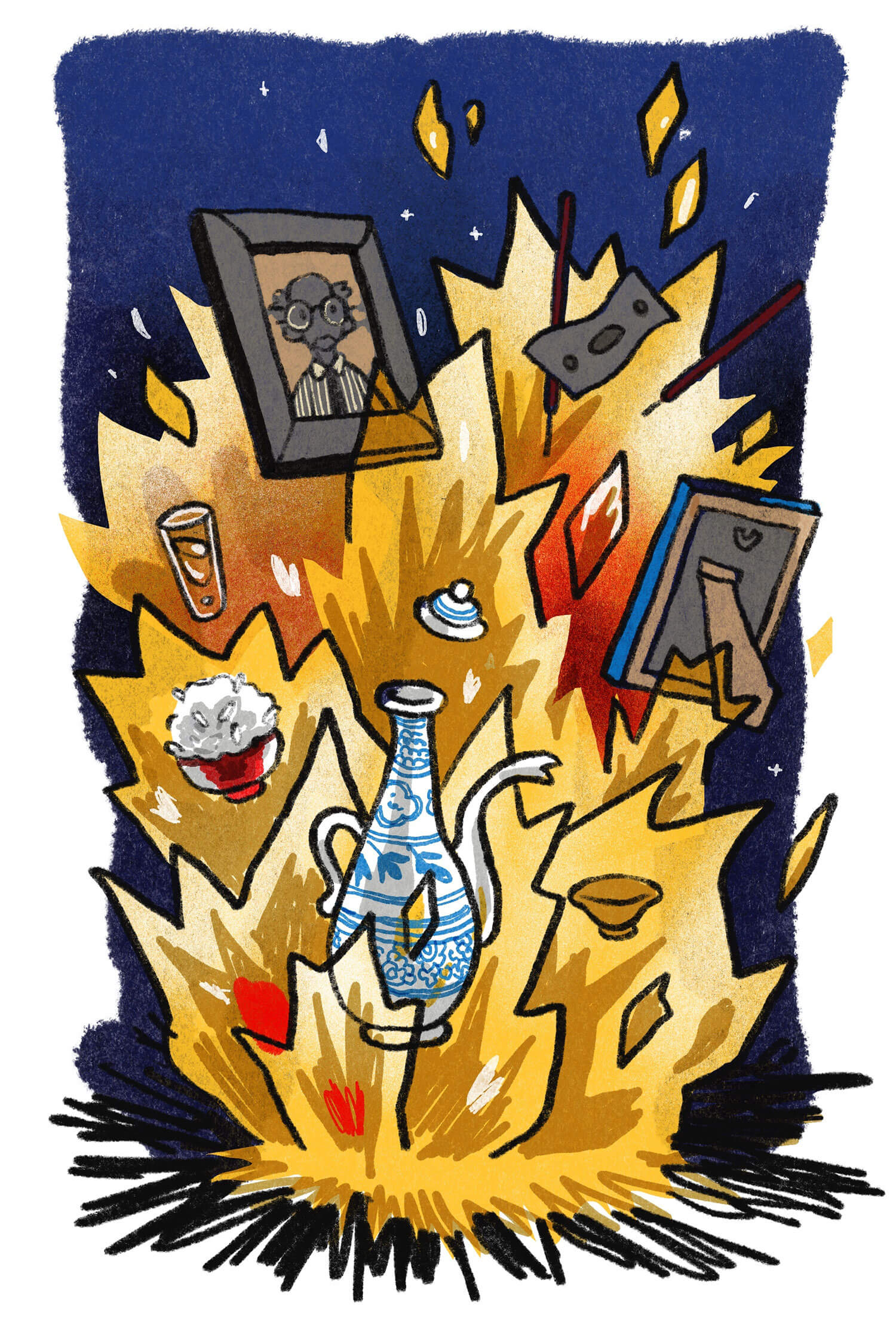 An illustration of sacred objects burning in a fire.