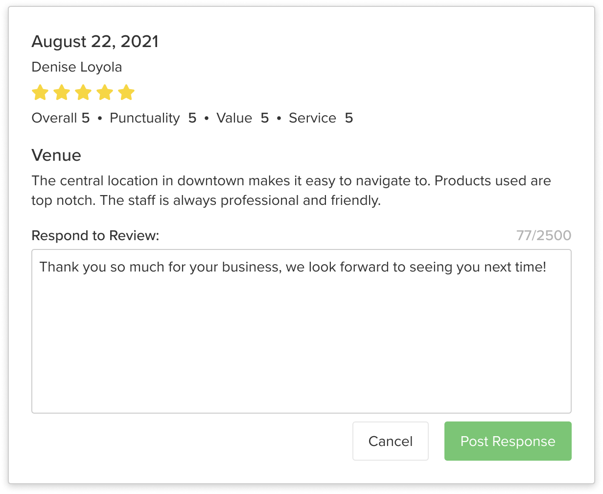A business responds to a 5 star review left by a customer.