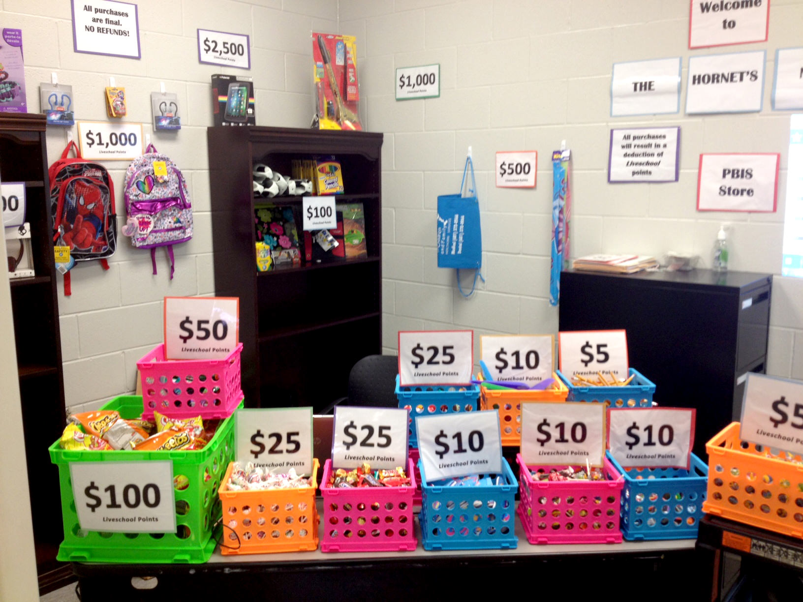 Peeples Middle School reward store stocked with items for students to purchase with LiveSchool points