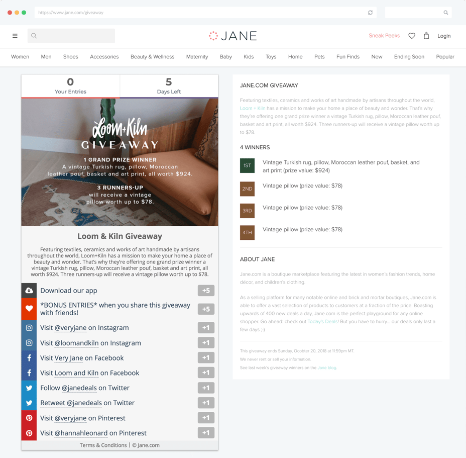 Jane.com Gleam Giveaway Landing Page