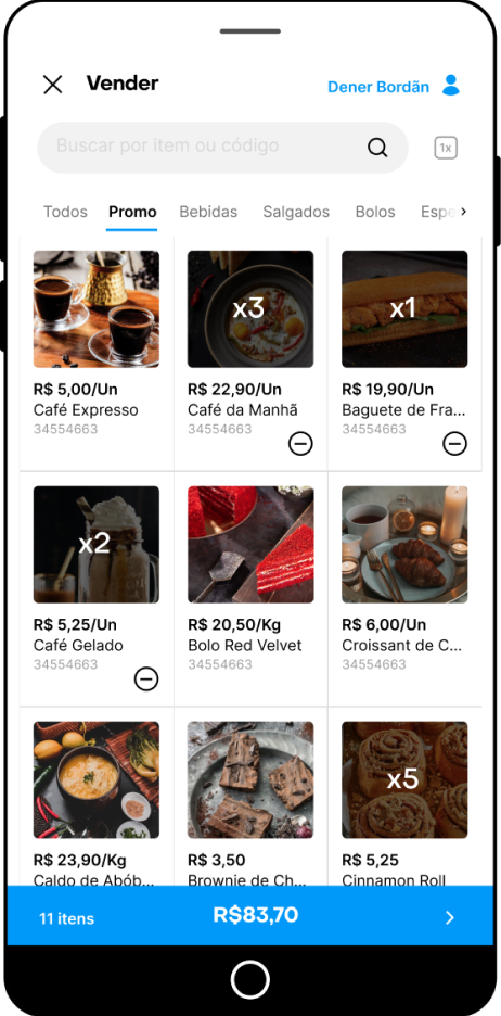 Teka de celular que mostra o catálogo online de uma cafeteria feito no sistema de gestão de lojas Nex