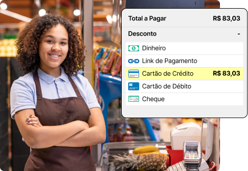 Imagem mostra uma captura da tela de vendas do sistema de gestão para lojas Nex sobre a imagem de uma mulher de pé ao lado de um caixa