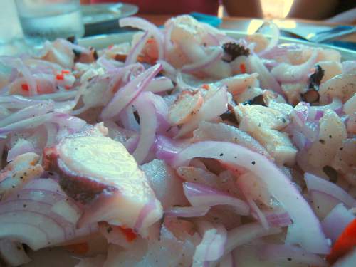 A plate with ceviche from the restaurant Cevicheria Punto Azul in Lima, Peru