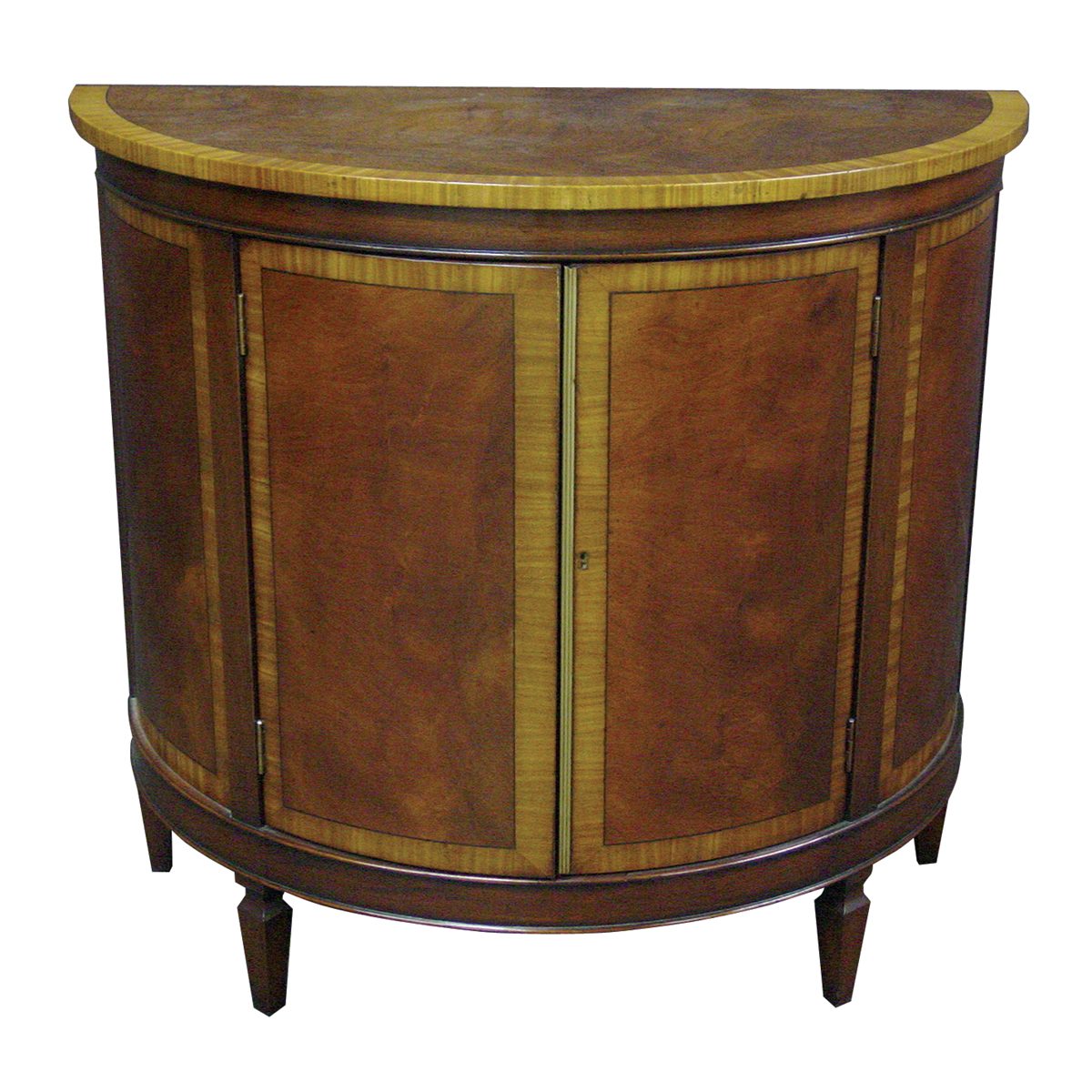 Mahogany, satin banded two door demi-lune cabinet