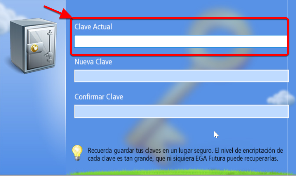 Ventana para modificar la clave de acceso actual