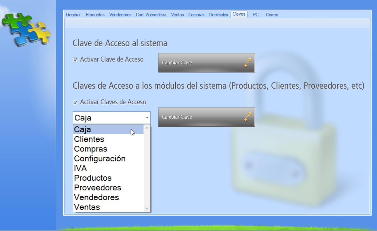 Selección del módulo del sistema al cual asignarás una clave de acceso