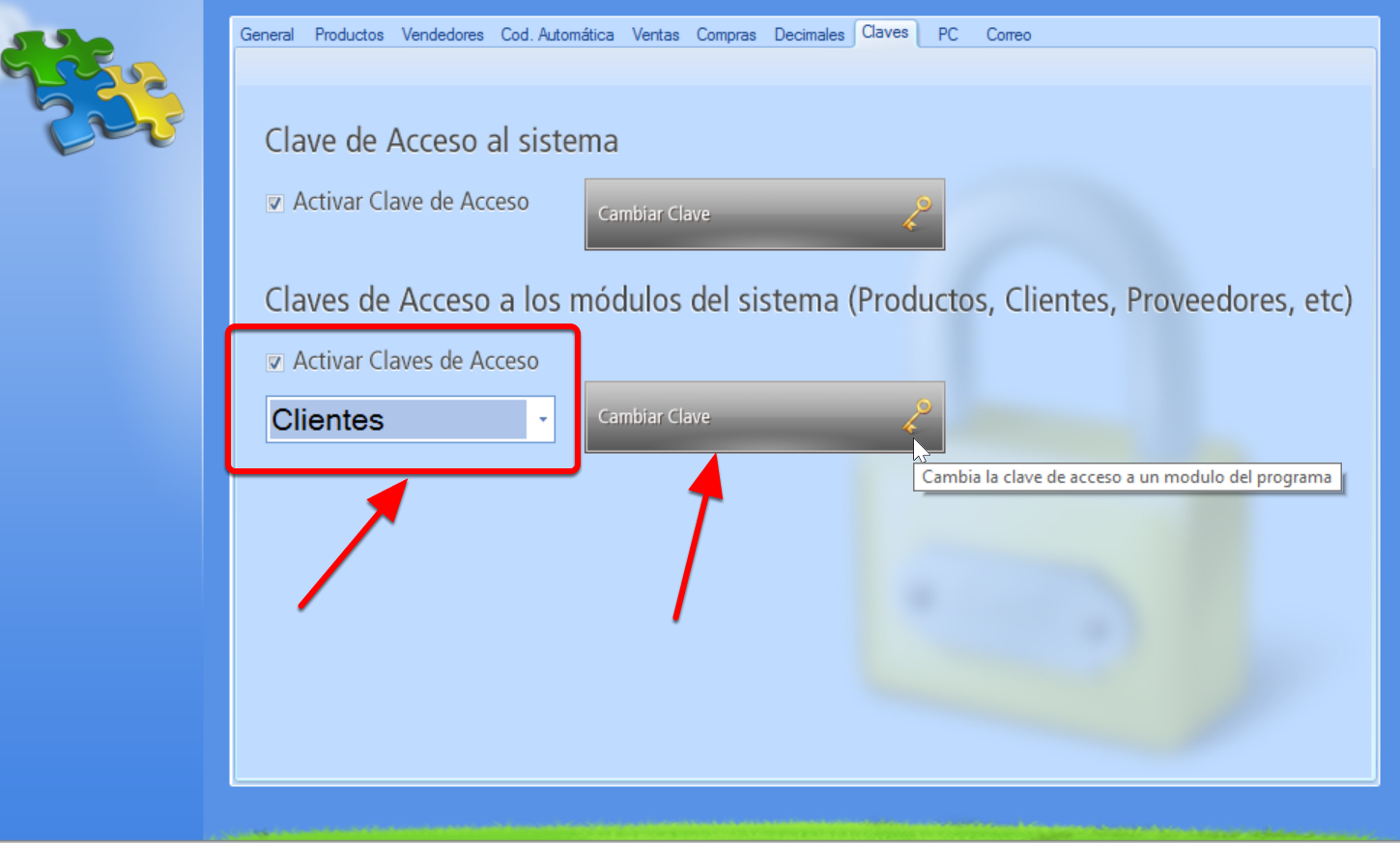 Con el módulo seleccionado hay que presionar el botón "Cambiar Clave" para asignar contraseña de ingreso al módulo