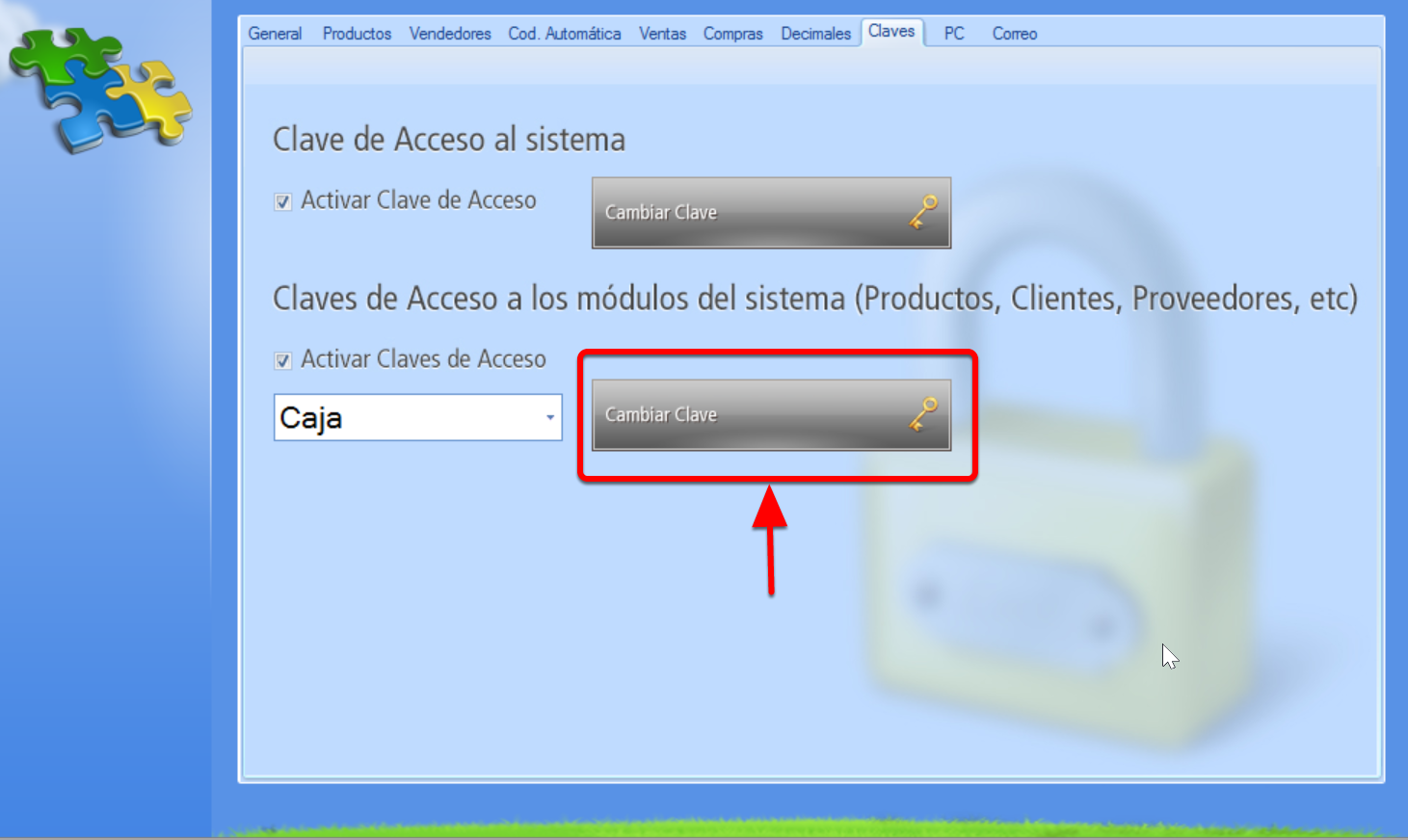 Para modificar una Clave de acceso modular hay que seleccionar el módulo y presionar el botón