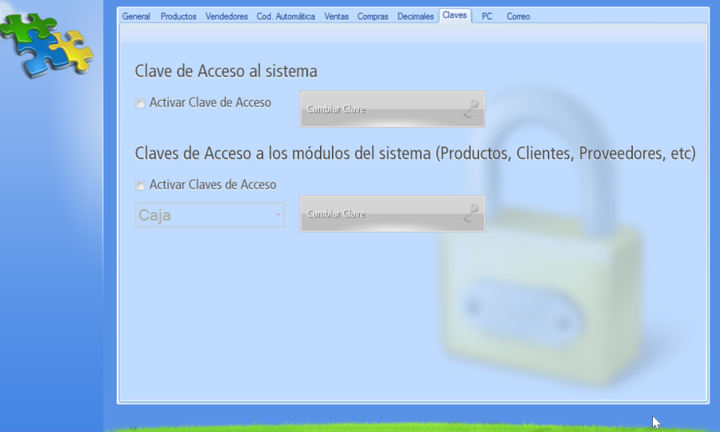 Configuración de la aplicación: Pestaña Claves para definir contraseñas de acceso