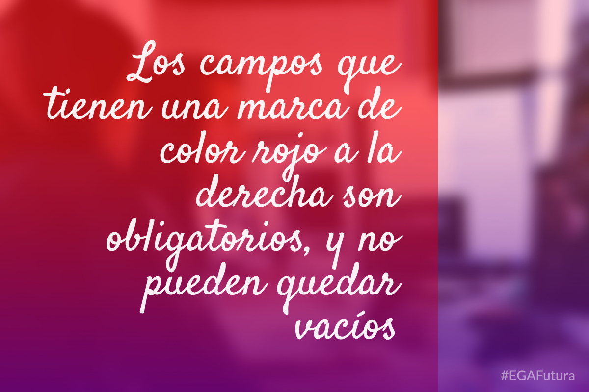 Los campos que tienen una marca de color rojo a la derecha son obligatorios, y no pueden quedar vacíos