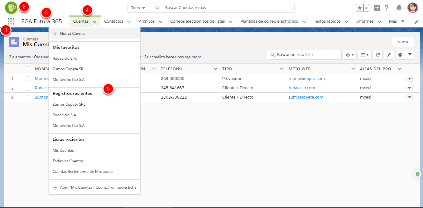 Barra de navegacion de la plataforma EGA Futura 365