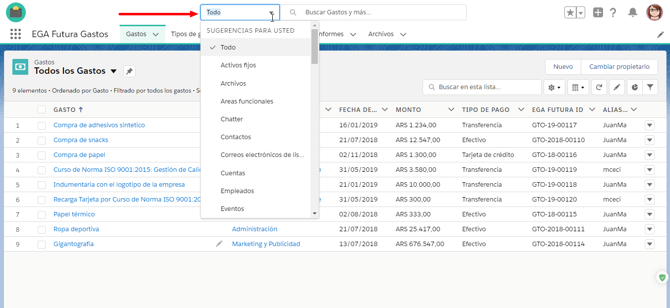 Menú para refinar búsqueda en el buscador general global principal de la Plataforma EGA Futura