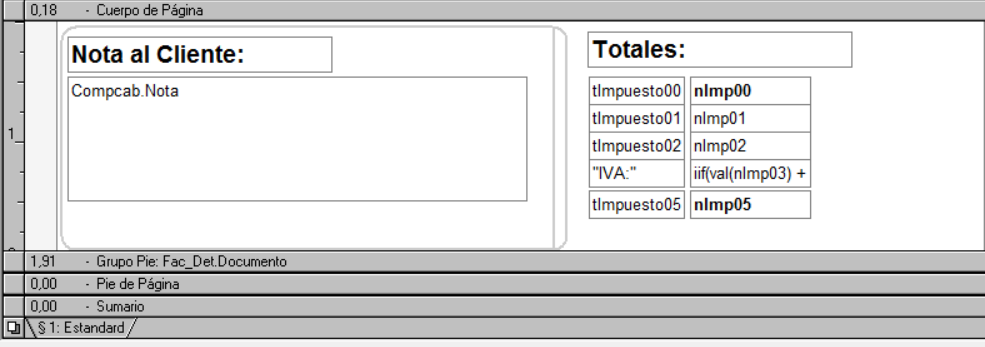 Campos del pie del comprobante