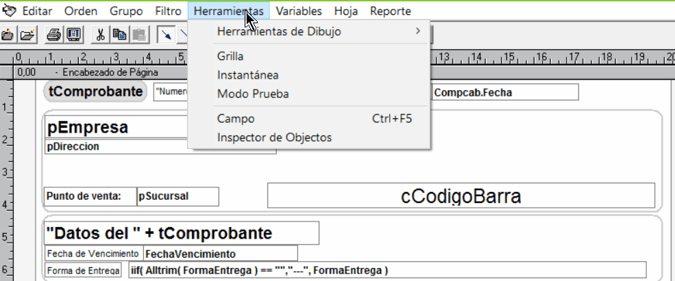 menú Herramientas> Herramientas de Dibujo> Campo