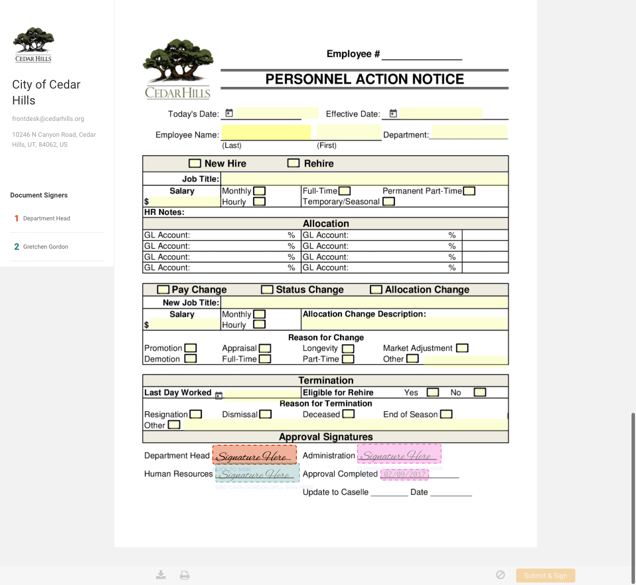 Sample Personnel Action Form