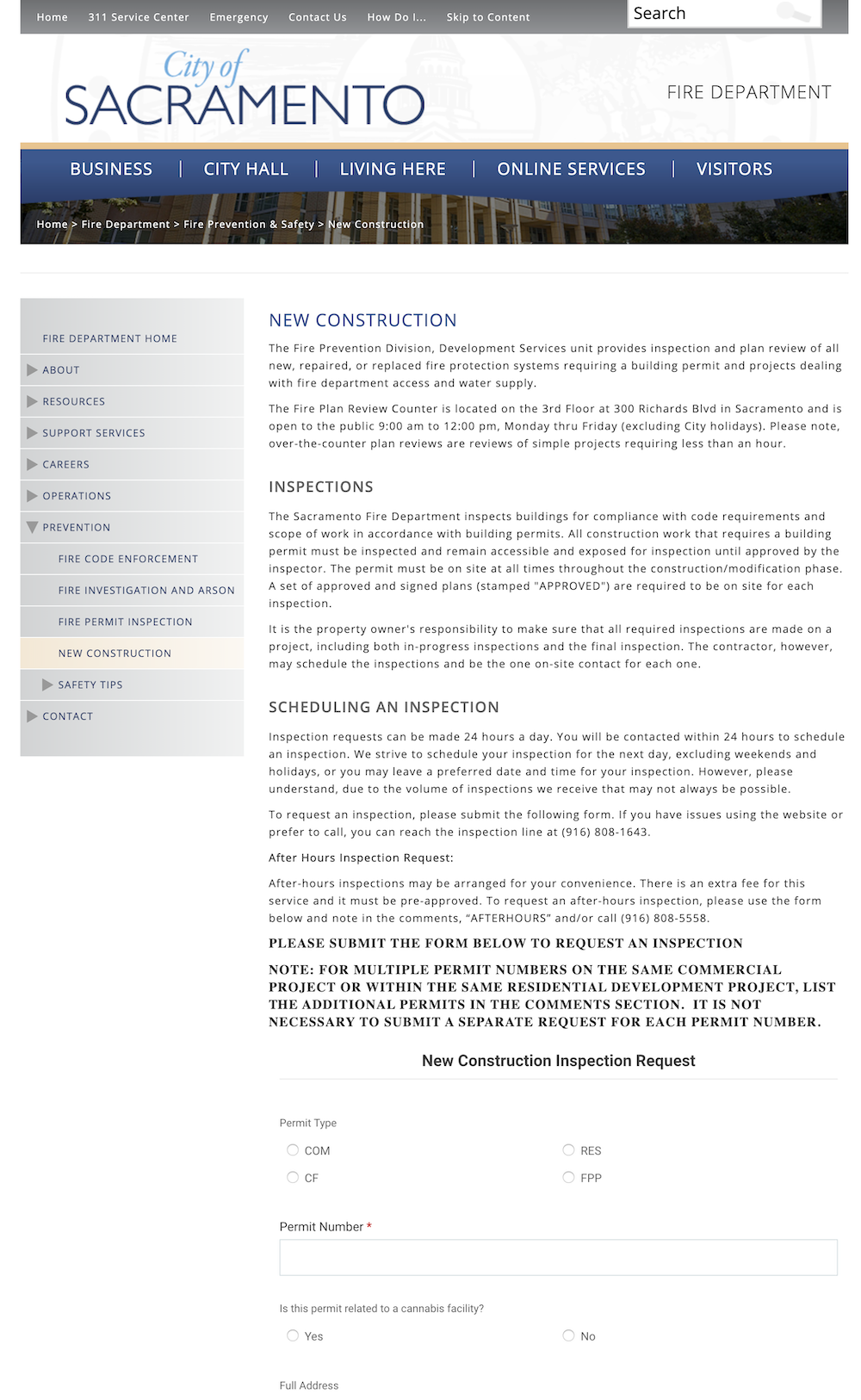 An example of a digital online services form embedded on the City of Sacramento website.