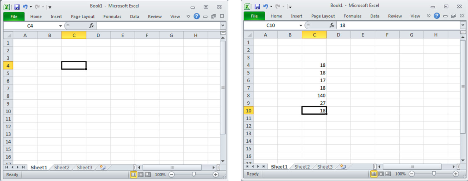 Image of two screenshots of an Excel document. One screenshot is a blank document while the other has multiple readings listed in a columns, showing how the PosiTector gage body can be used as a keyboard