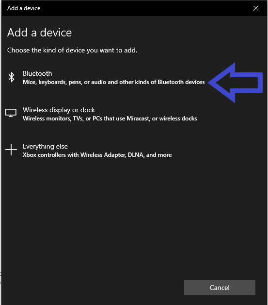 Screenshot from a PC 'Add a device' settings with Bluetooth highlighted