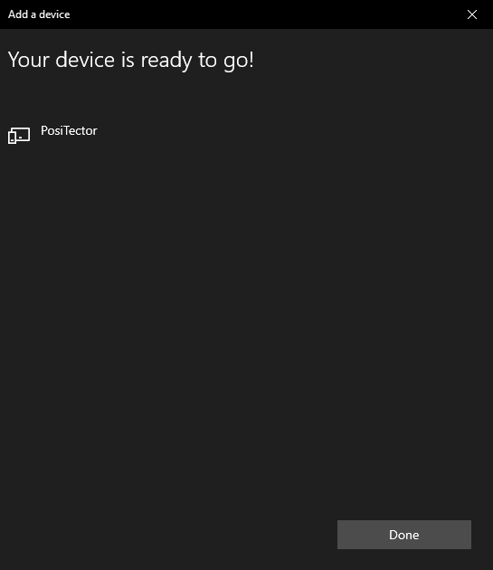 Screenshot of settings panel of a PC showing that the PosiTector was successfully added as a device