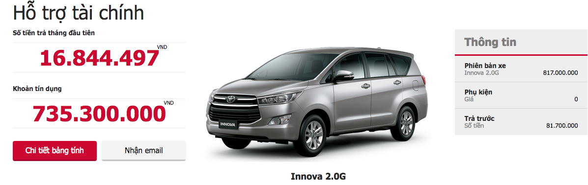 hỗ trợ tài chính xe innova 2.0G