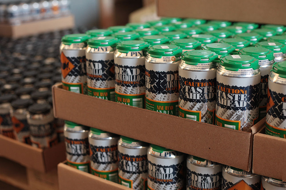 A selection of Dead Armadillo brews including the Amber Ale, Breakaway IPA, Nine Band IPA, Inland Porter, and Low & Outside.