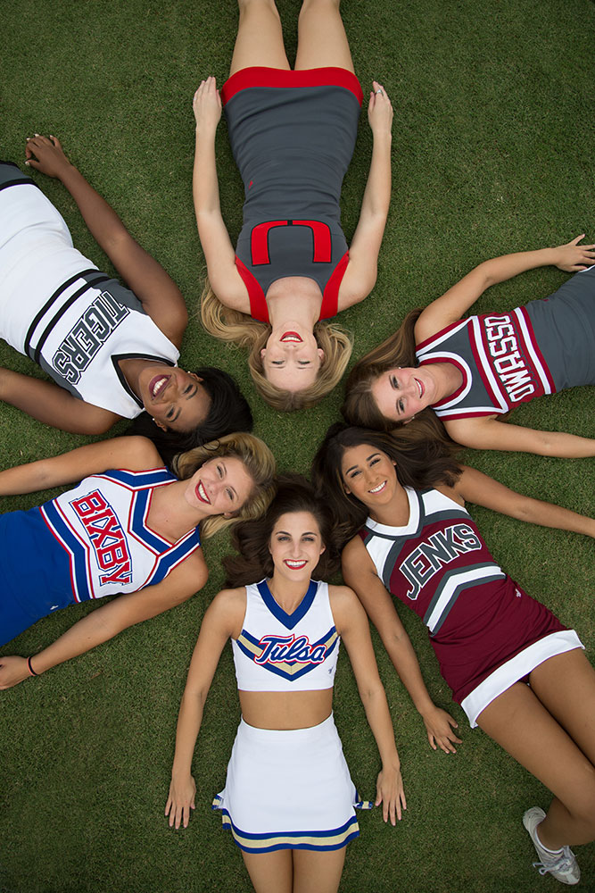 Green Country cheerleaders (clockwise from top): Skylar Palmour (Union), Konner Shields (Owasso), Cameryn Dean (Jenks), Alexandra Glann (University of Tulsa), Ashtyn Cherrington (Bixby) and Mariah Taylor (Broken Arrow). (Photo: Parker Slack)