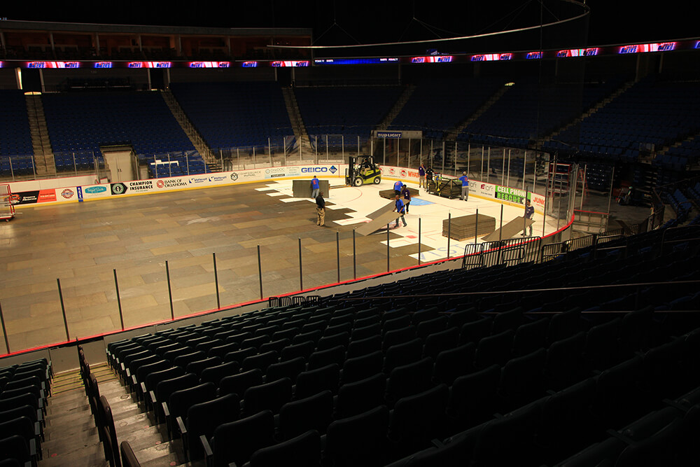 The process of converting the BOK Center ice surface to one ready for a concert takes about eight hours. (Photo: Marc Rains)