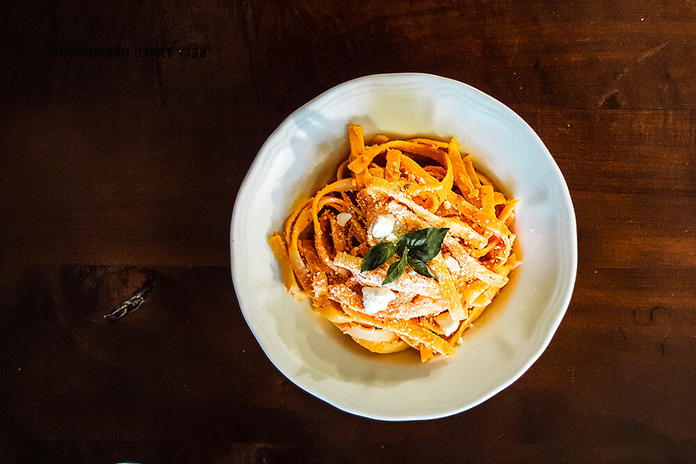 Roasted Red Pepper Fettuccini with Creamy Feta Sauce (Photo: Sarah Herrera)