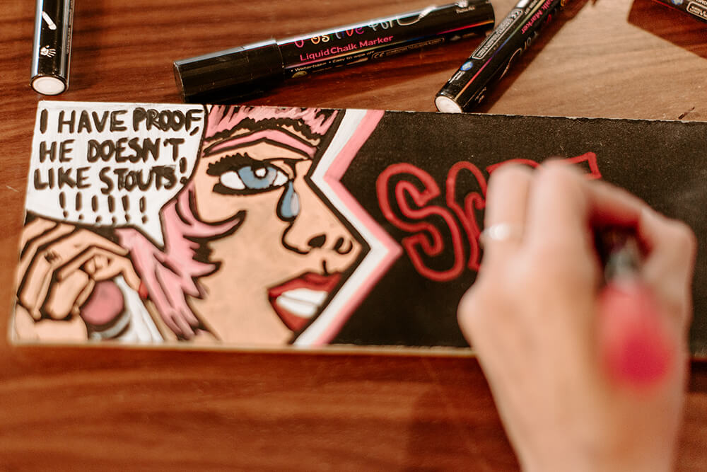 Inspiration for Vela’s chalk art comes from incredibly talented abstract artists, and she tries to incorporate that style into her menu boards. (Photo: Sarah Eliza Roberts)