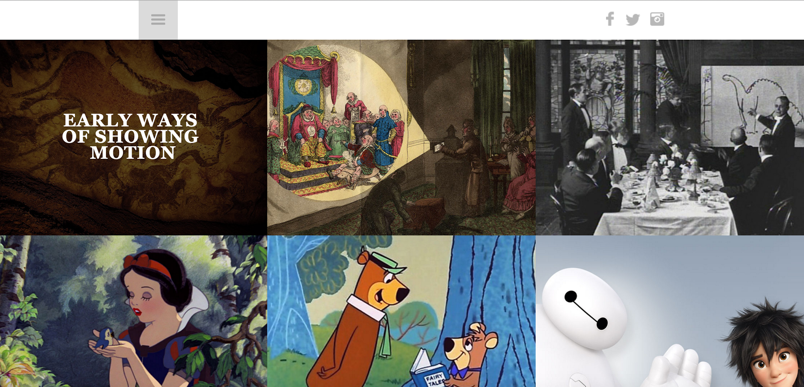 The History of Animation uses a grid of linked images as a navigation menu