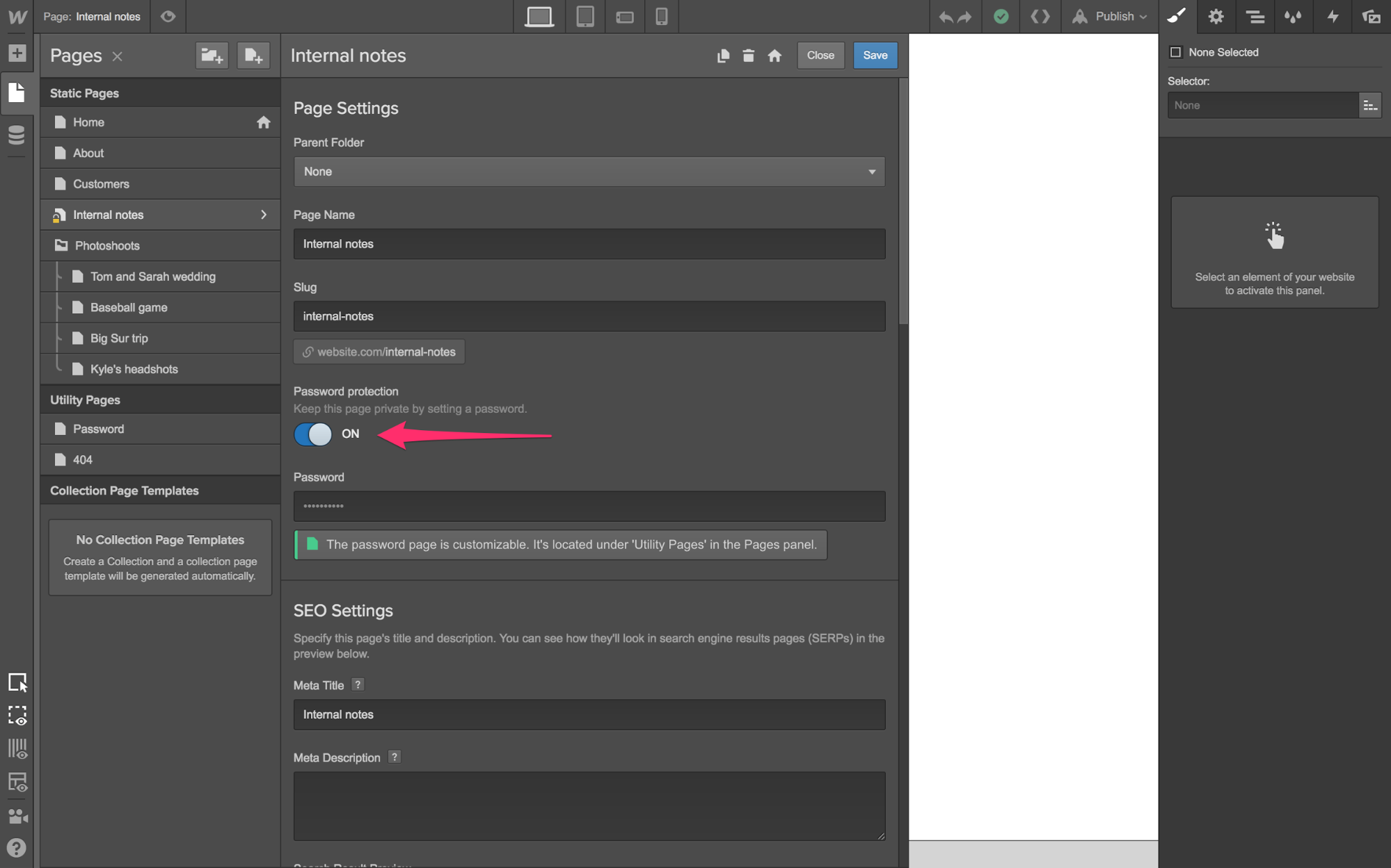 Turning on password protection in the Designer's page settings