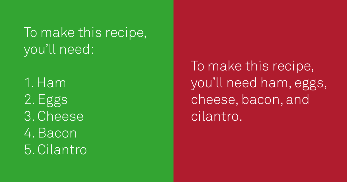 do: list in ordered or unordered format. don't: list in sentence form.