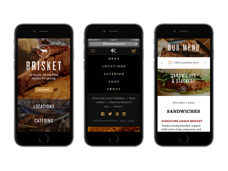 4 Rivers Smokehouse website pages displayed on 3 different iPhone screens to demonstrate its mobile-friendliness.