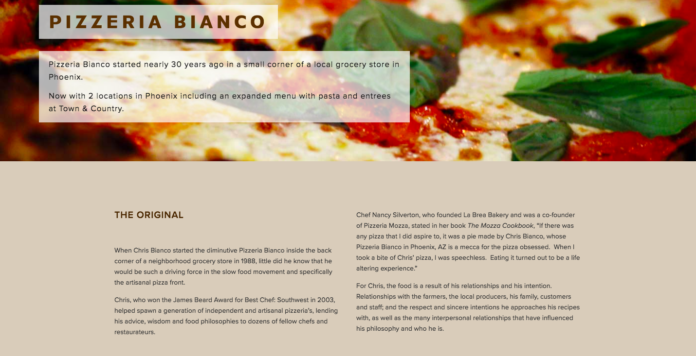 Pizzeria Bianco's About page telling the story behind the pizza with a closeup of a margherita pizza in the hero section.