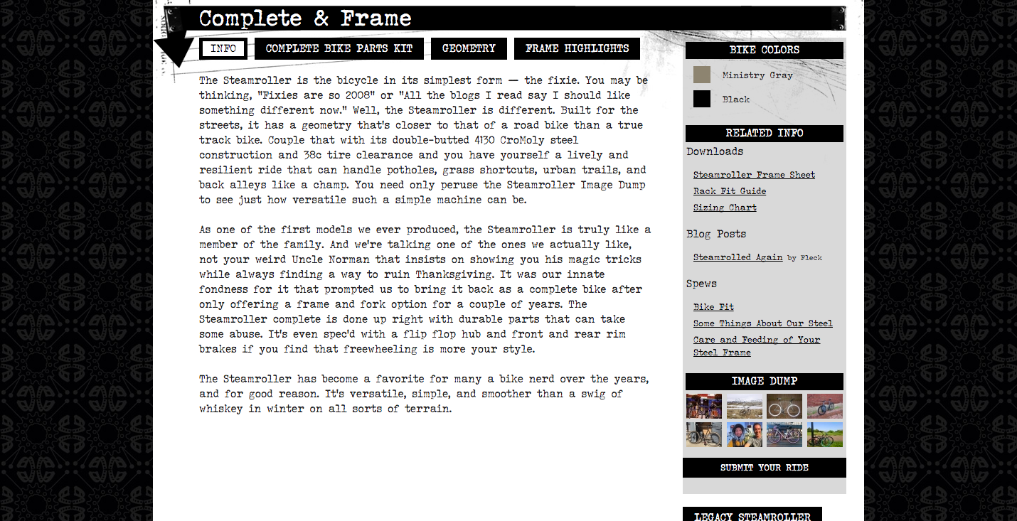 Info page from Surly bike shop site describing their Steamroller bicycle.