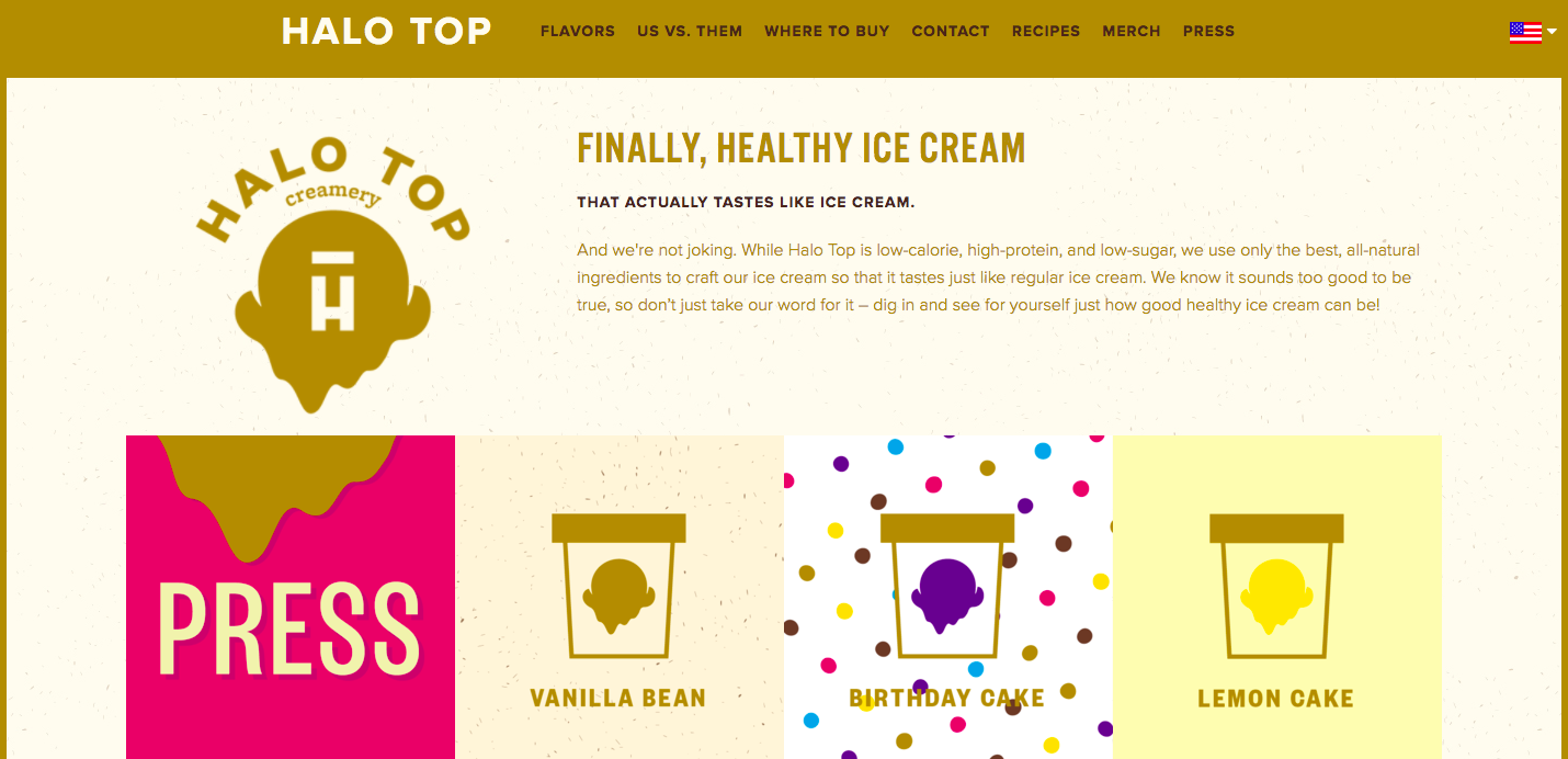 The homepage of Halo Top Ice Cream featuring copy about their healthy product.