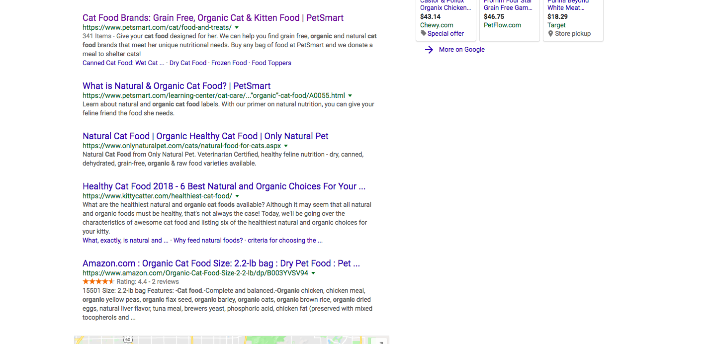 Google search results for "organic cat food." Petsmart is the first listing.