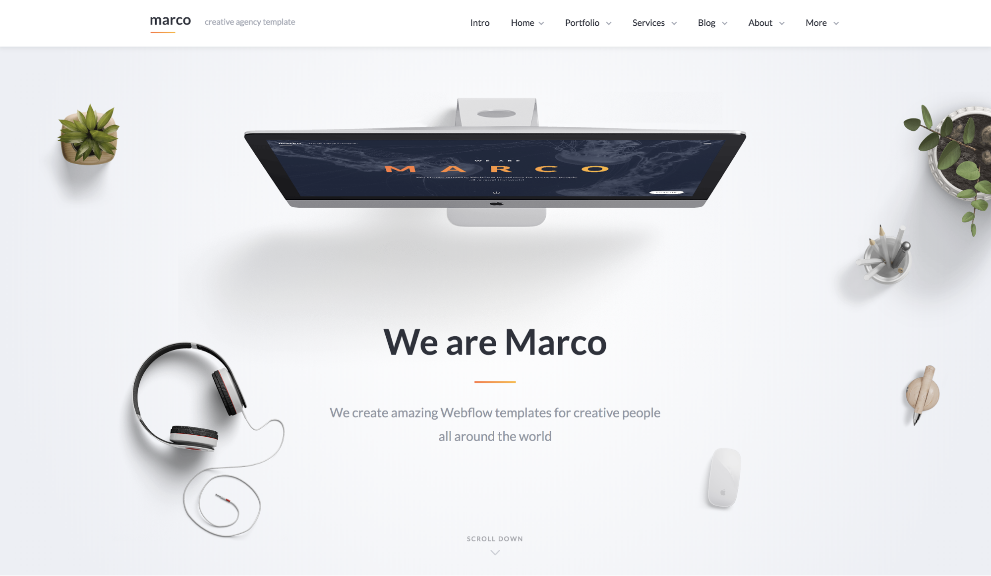 Homepage of the Marco template built for Webflow featuring an aerial view of a white desk with an apple computer, a mouse, headphones. The copy reads "We are Marco. We create amazing Webflow templates for creative people around the world"