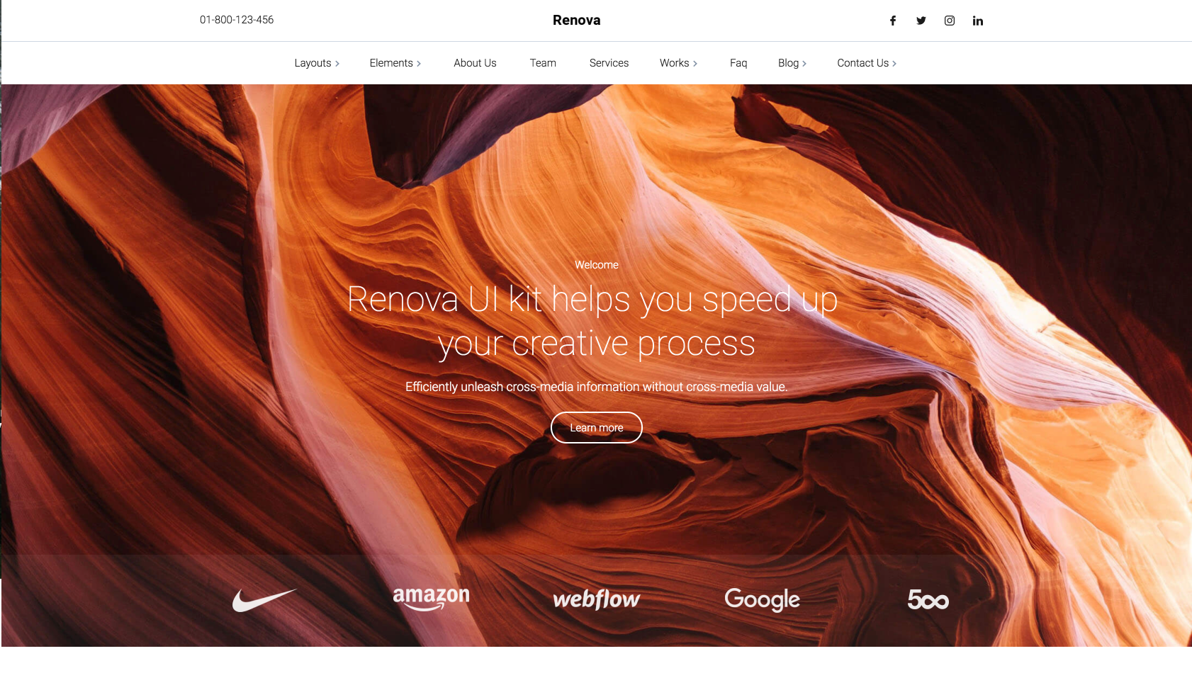 Homepage for Webflow template called Renova.